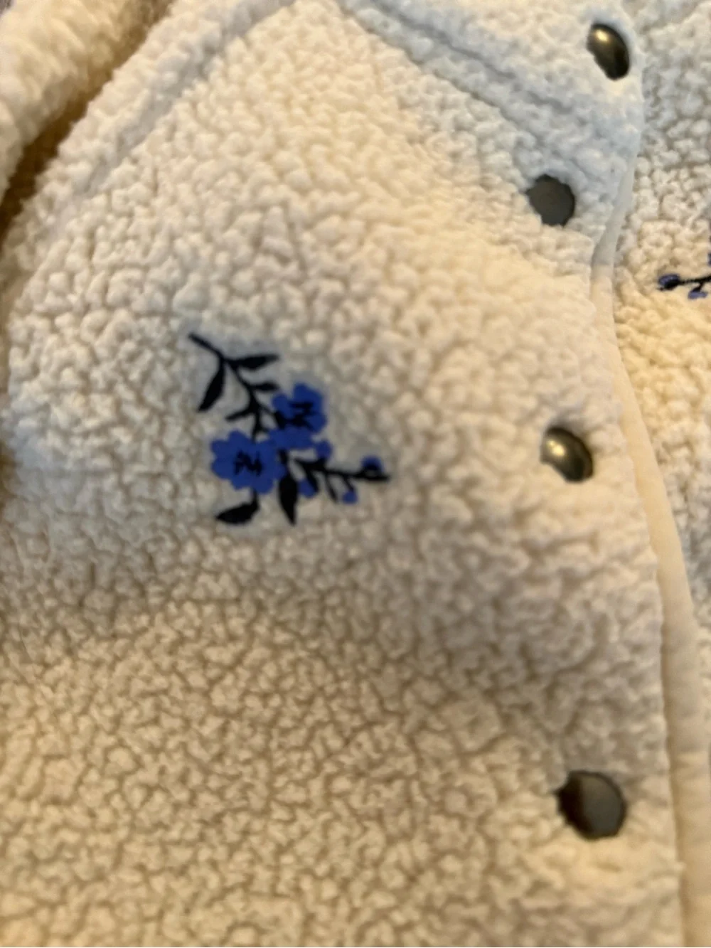 Cream Sherpa Kids Jacket with Blue Floral Embroidery